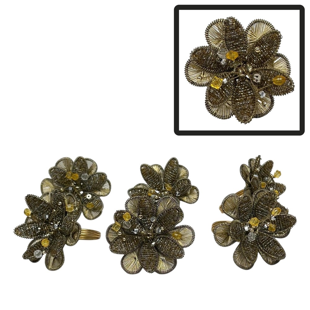 Pier 1 Beaded Metal Flower Napkin Ring Set‎ Of 6 Gold Tone Yellow Spun Wire